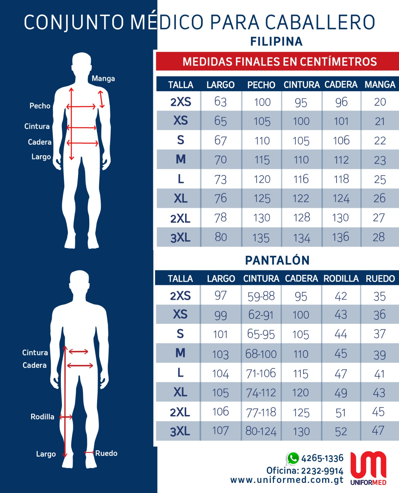 Tabla de medidas en centímetros para filipina y pantalón médico de caballero