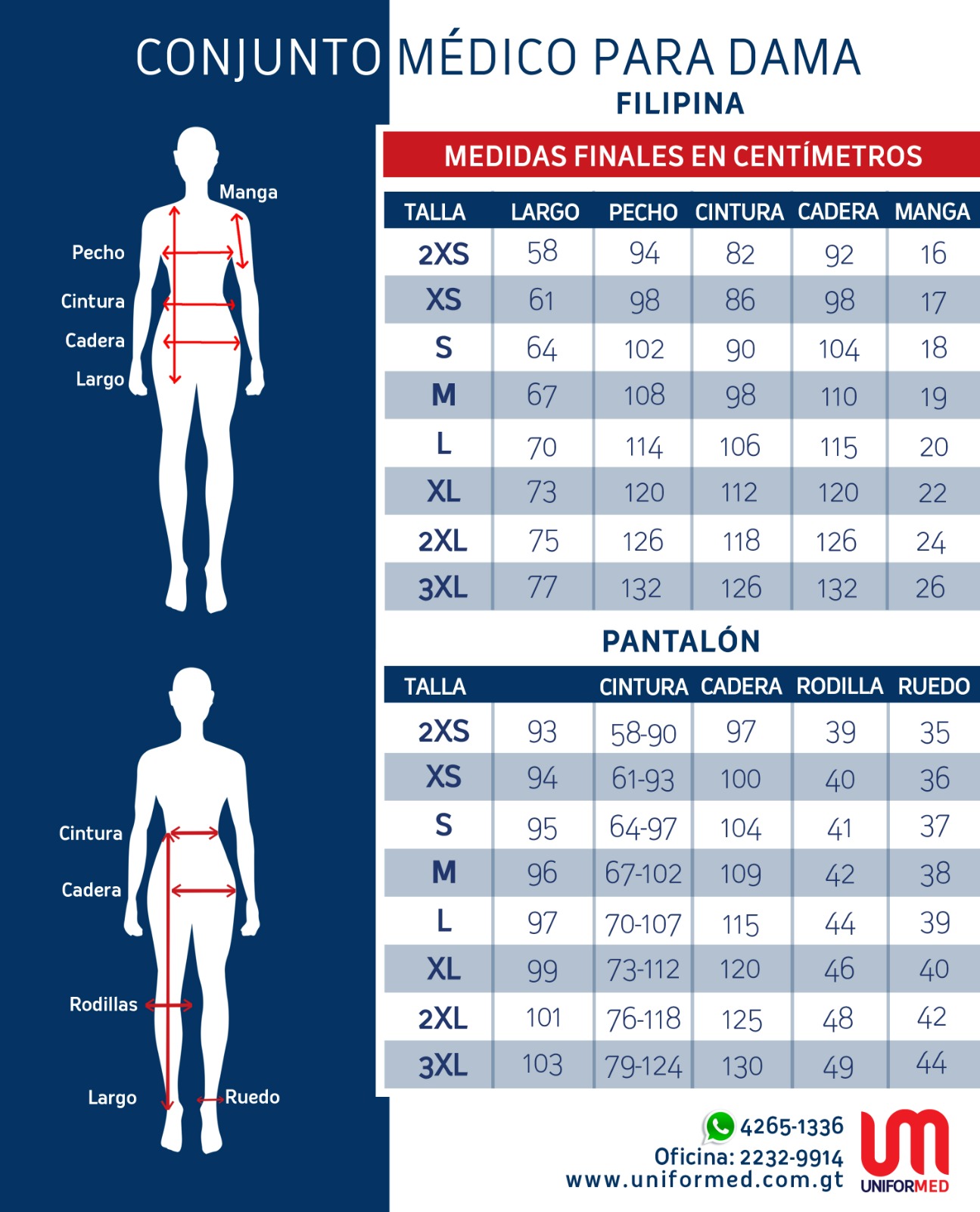 Tabla de medidas en centímetros para filipina y pantalón médico de dama